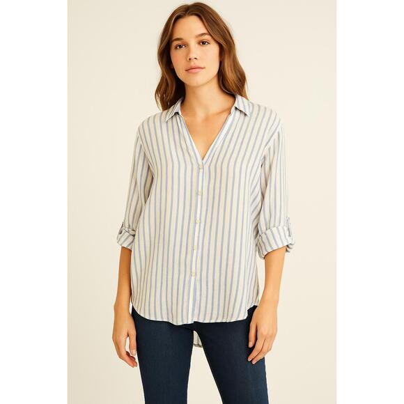 Isaac Mizrahi Tops - Isaac Mizrahi 100% Linen Blue White Stripe Button Down Shirt L Coastal Grandma